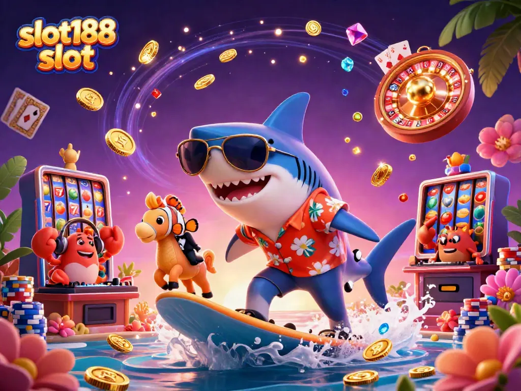Slot188 slot, bersenang-senang dengan ikan hiu dan ikan clown dalam nuansa kasino yang meriah.