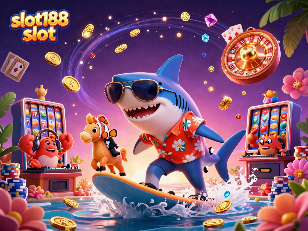 Slot188 slot, bersenang-senang dengan ikan hiu dan ikan clown dalam nuansa kasino yang meriah.