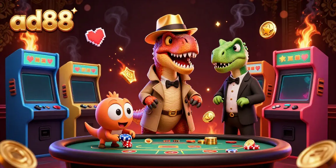 Experience the excitement of ad88 with a vibrant casino scene featuring a raptor card counter and colorful game elements.