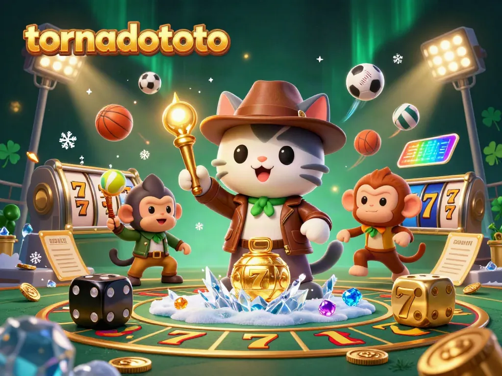 Experience the thrill of tornadototo with cats and monkeys amidst glowing casino relics.