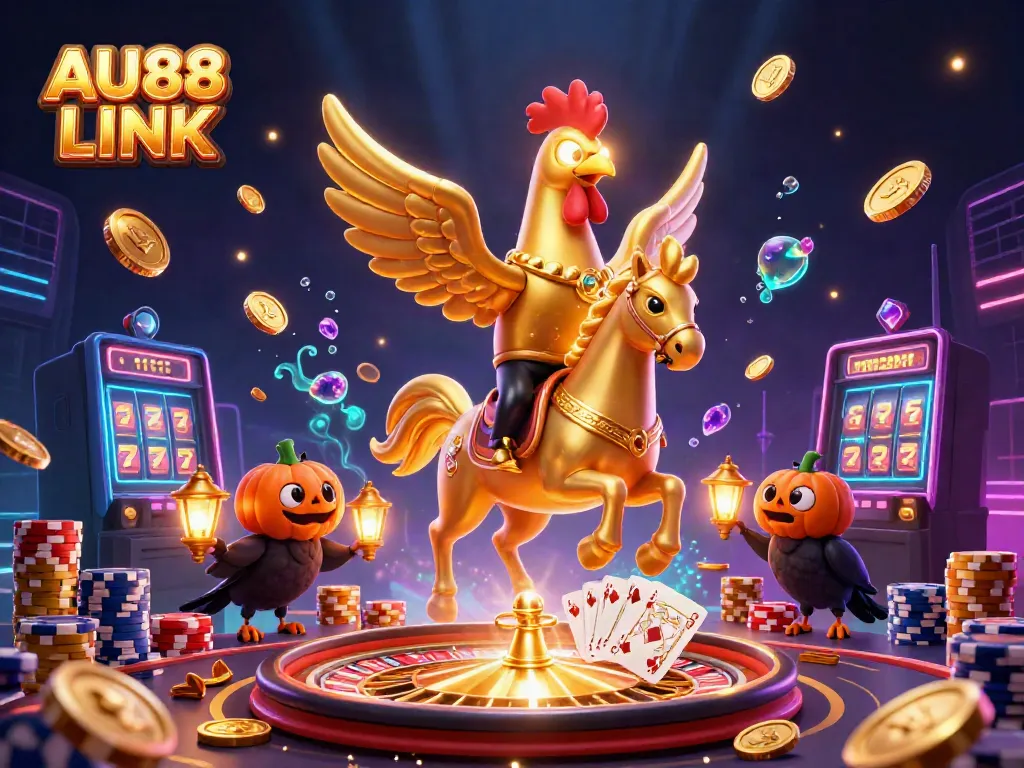 Experience exciting gaming rewards with AU88 LINK in a vibrant casino scene featuring golden coins and 3D characters.