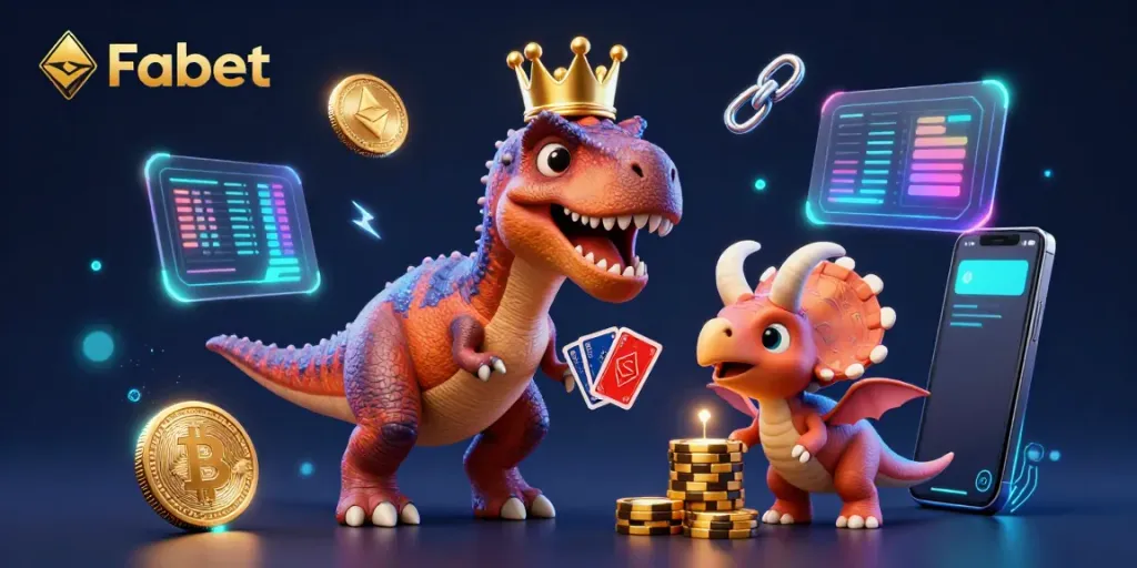 Experience Fabet's exciting world with a 3D T-Rex shuffling cards and a baby triceratops stacking chips.