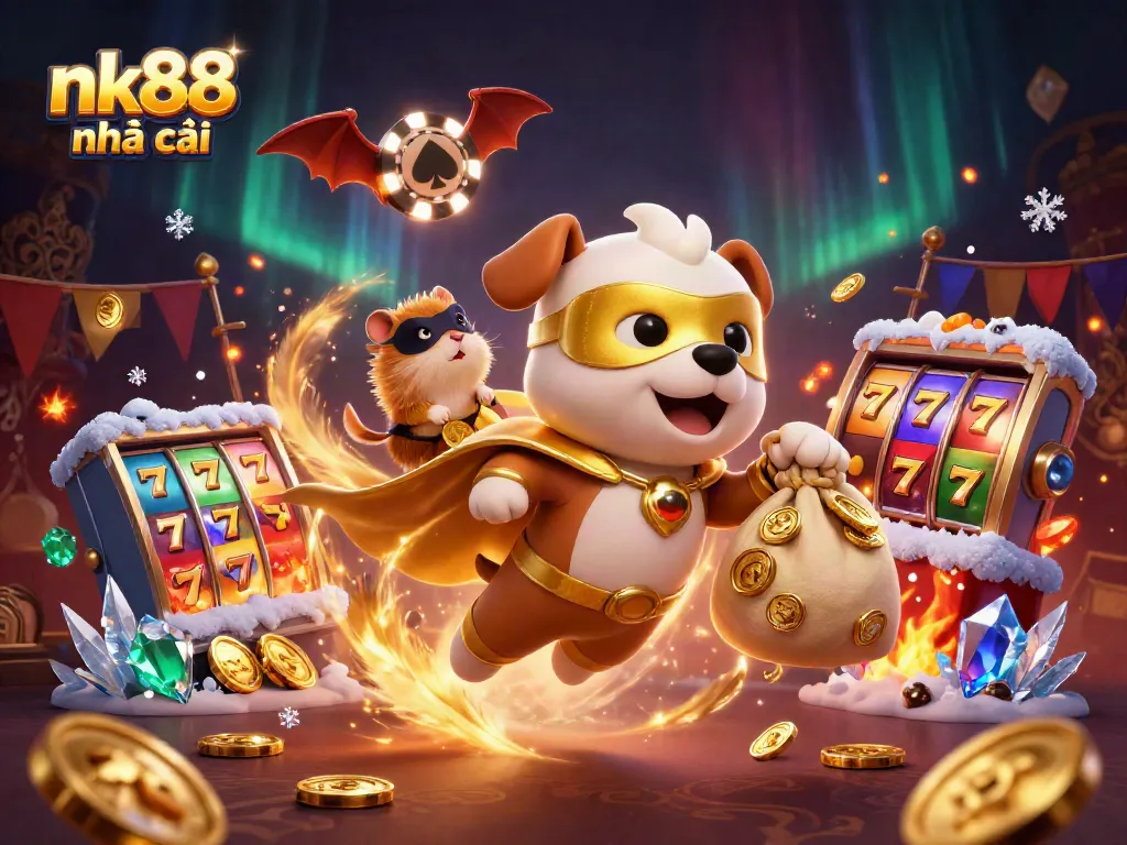 Experience winning excitement with nk88 nhà cái in this dynamic 3D casino illustration full of gold coins and vibrant game elements.
