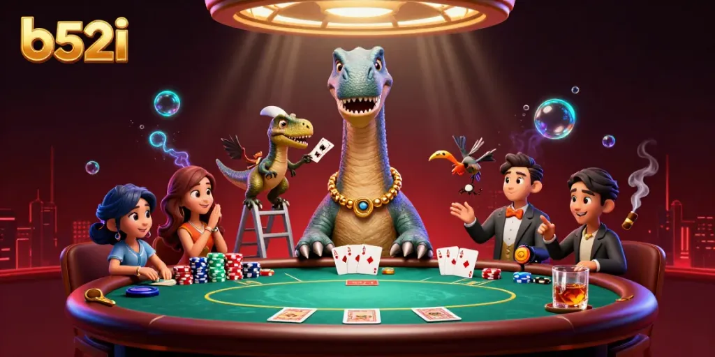 Engage in thrilling poker action with b52i as a giant dinosaur watches from above.