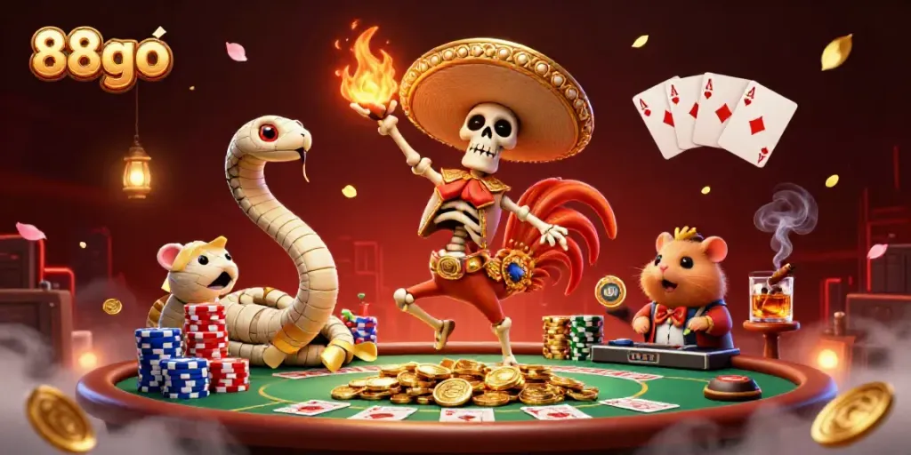 88go vibrant casino scene with cartoon characters celebrating amidst poker chips and games.