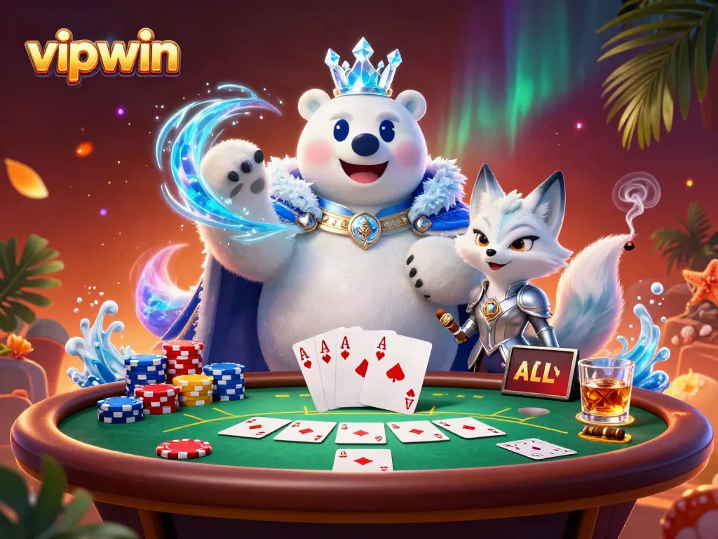 Experience the thrill of poker at vipwin with a snow fox and ice king in a vibrant casino scene.