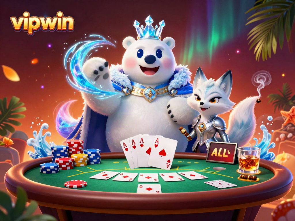 Experience the thrill of poker at vipwin with a snow fox and ice king in a vibrant casino scene.
