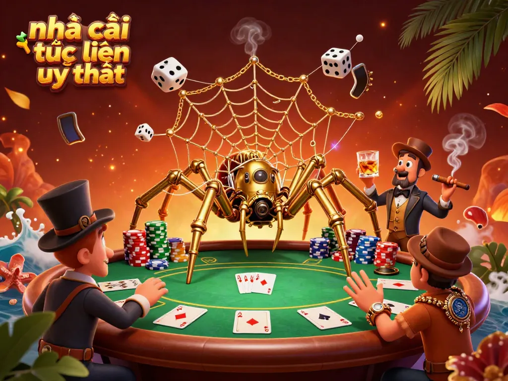 Engaging scene illustrating nhà cái trực tuyến uy tín with a steampunk spider, poker elements, and dynamic casino atmosphere.