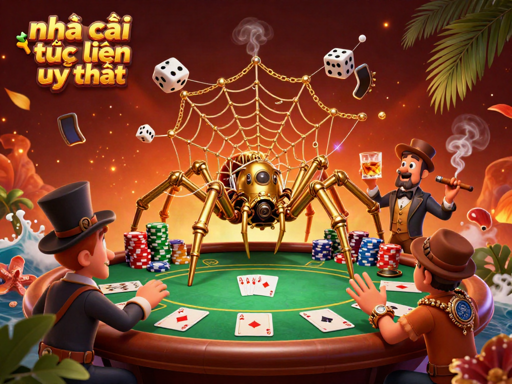 Engaging scene illustrating nhà cái trực tuyến uy tín with a steampunk spider, poker elements, and dynamic casino atmosphere.