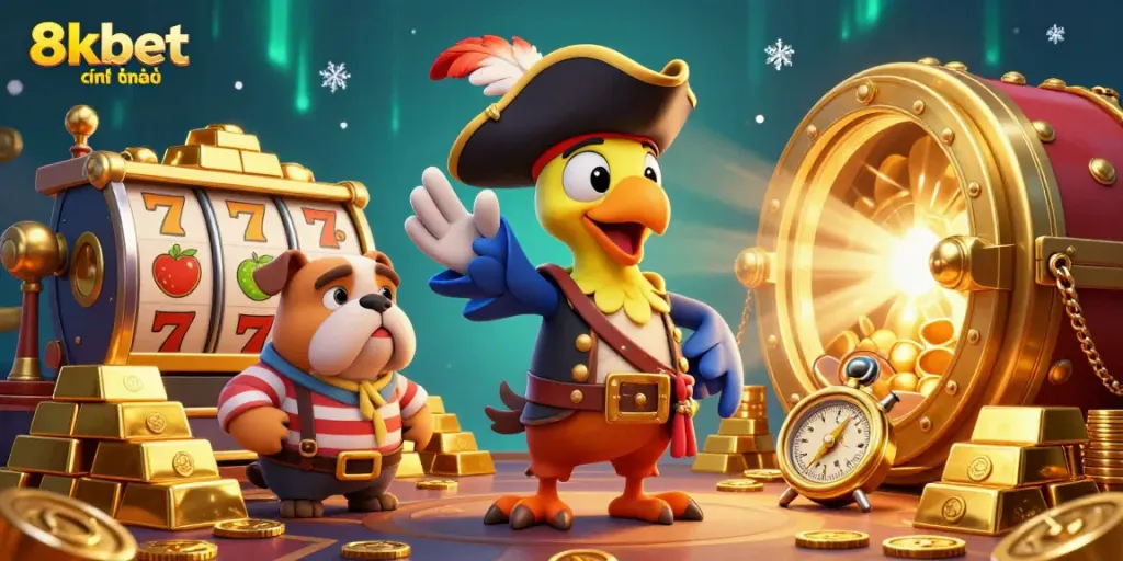 Engage with the vibrant world of 8kbet chính thức in this casino-themed 3D illustration showcasing riches and adventure.