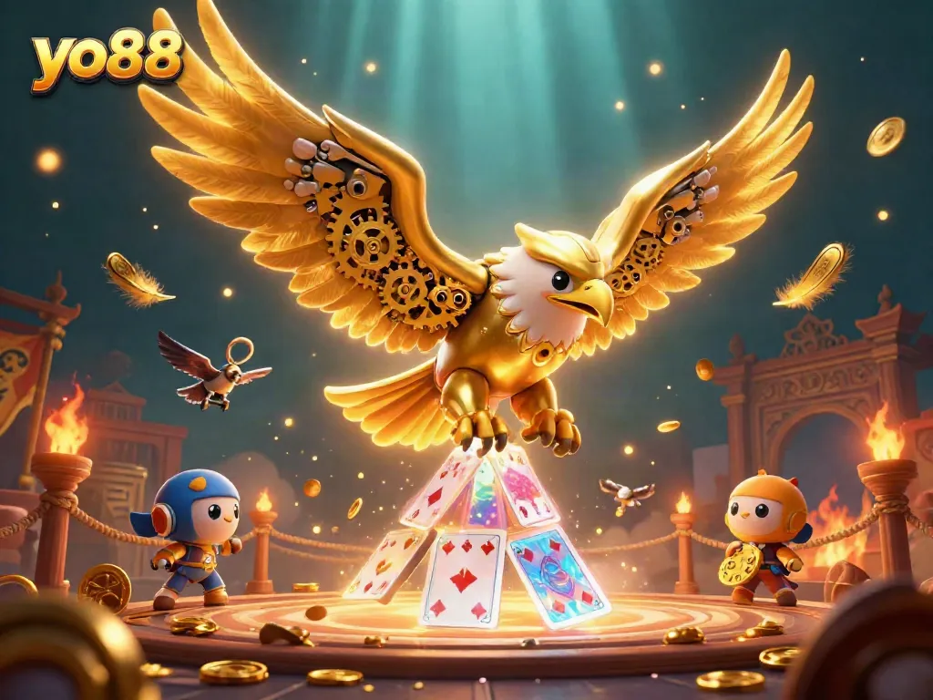 Engage in thrilling games with yo88 featuring a cybernetic eagle amidst holographic cards.