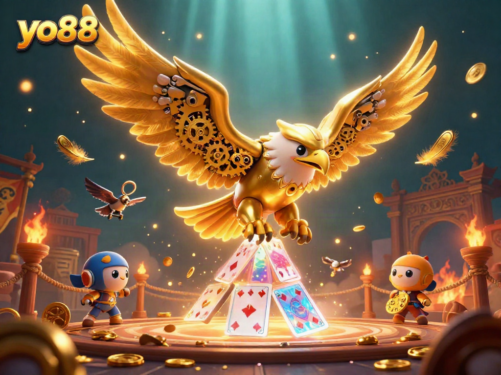 Engage in thrilling games with yo88 featuring a cybernetic eagle amidst holographic cards.