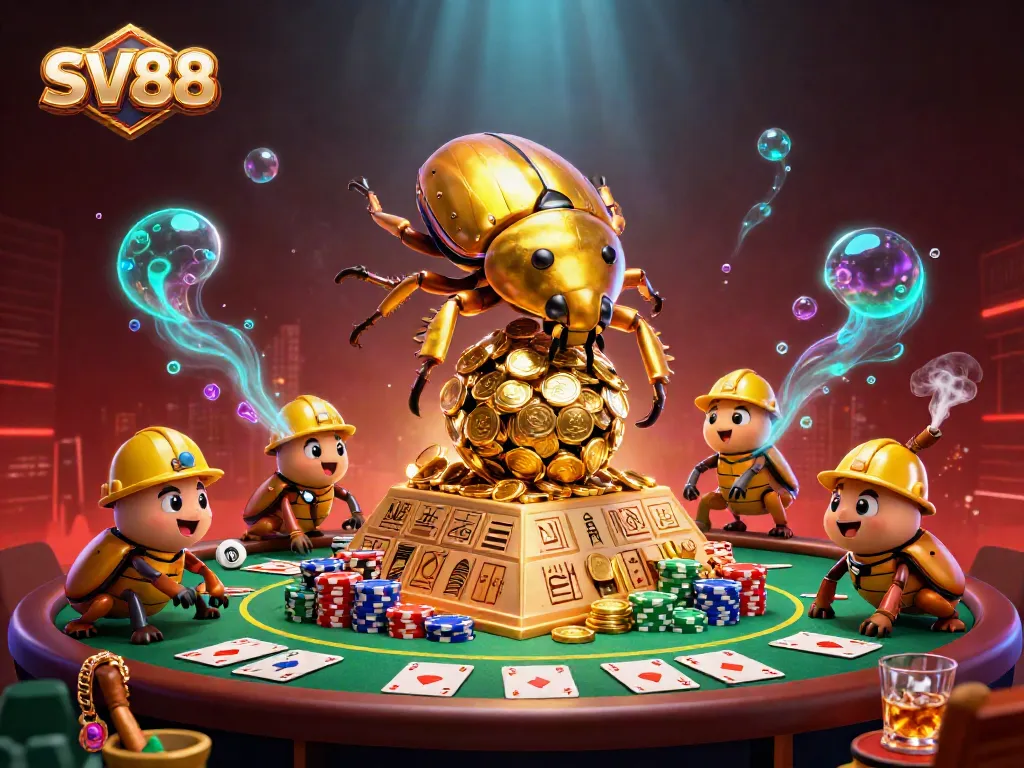 Experience excitement with SV88 as a golden dung beetle rolls coins, surrounded by casino elements.