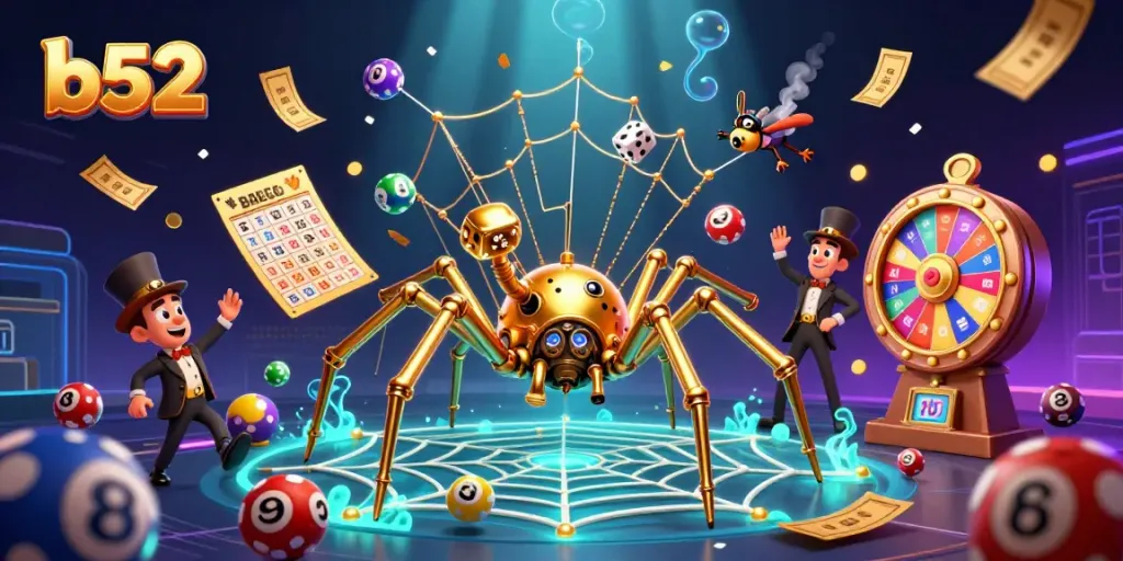 b52 betting scene featuring steampunk spider, dice, and lottery elements in dynamic action.