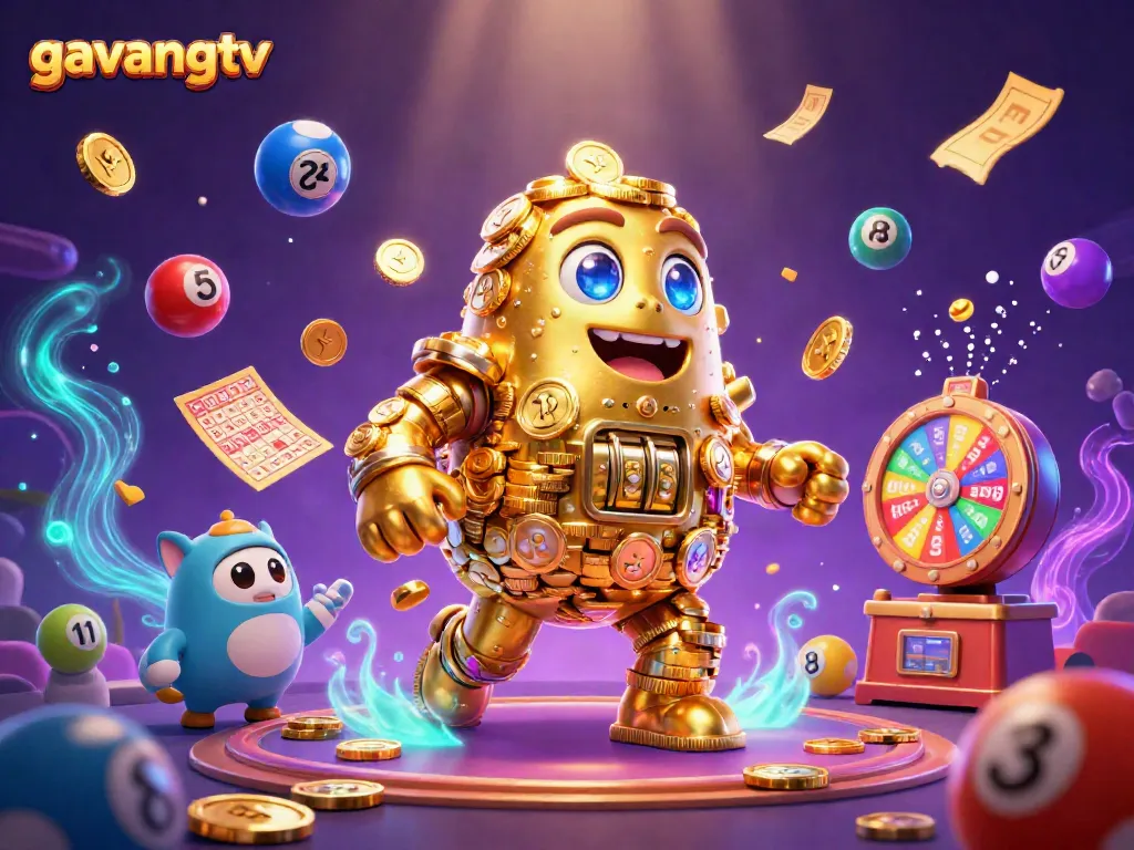 Experience thrilling action at gavangtv with a stunning 3D illustration showcasing vibrant lottery and casino elements.