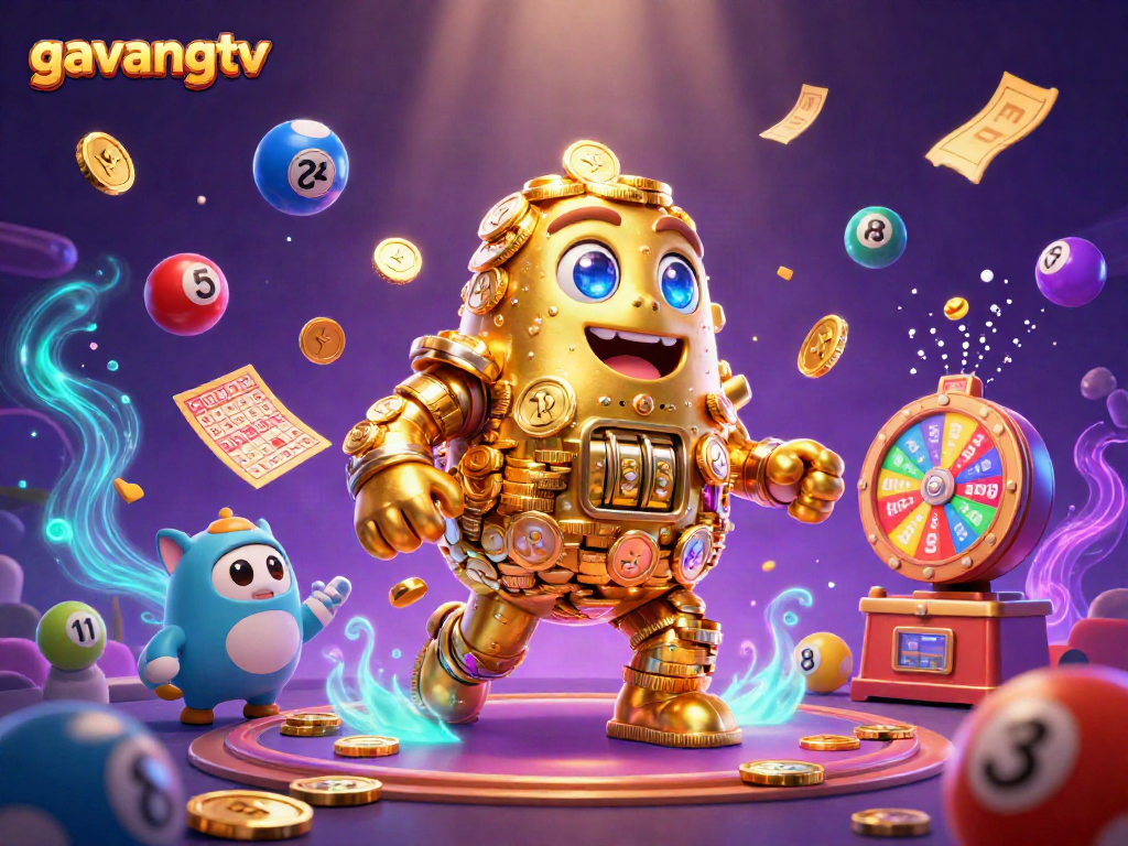 Experience thrilling action at gavangtv with a stunning 3D illustration showcasing vibrant lottery and casino elements.