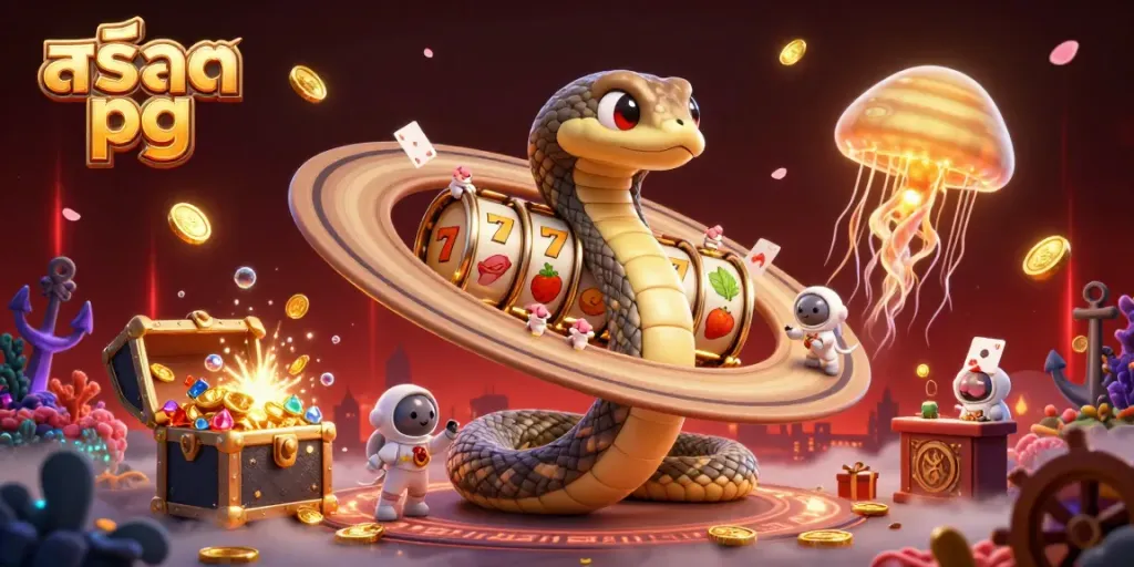 Spin the reels with สล็อต pg in a dynamic casino world featuring space-themed characters and treasures.