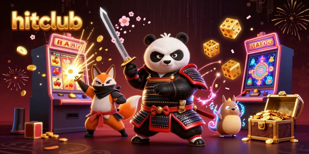 hitclub engaging players with a fierce panda samurai and ninja fox amidst a jackpot explosion.