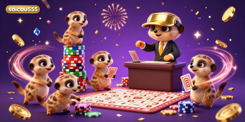 Engaging scene featuring soicau555 with meerkats in a lively lottery operation surrounded by sparkling gems, golden coins, and festive elements.