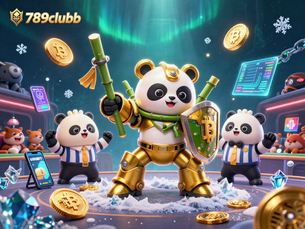Engage with 789clubb in a lively casino illustration featuring a cartoon mech-suit panda and blockchain elements.