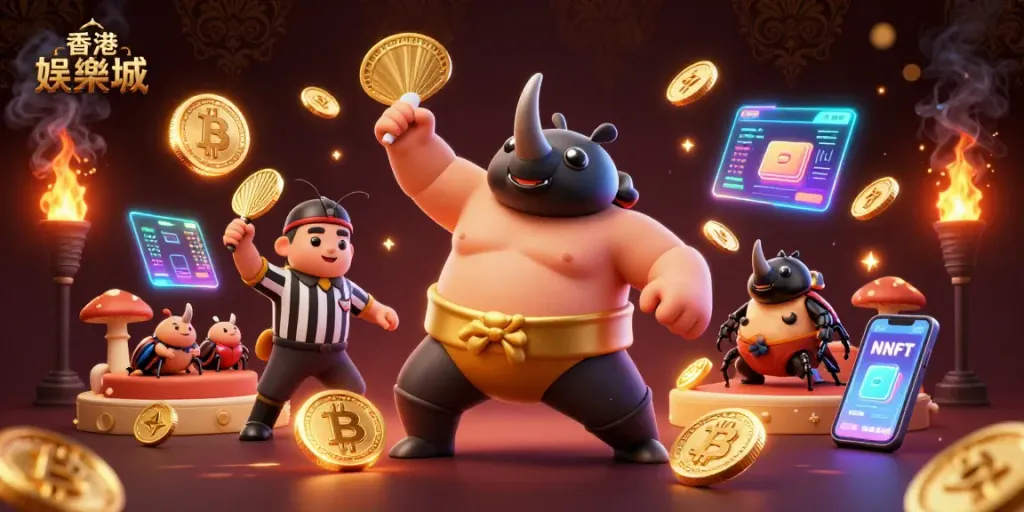Witness the fierce competition in 香港娛樂城 as the sumo champion beetle sends coins flying in a dynamic casino scene.