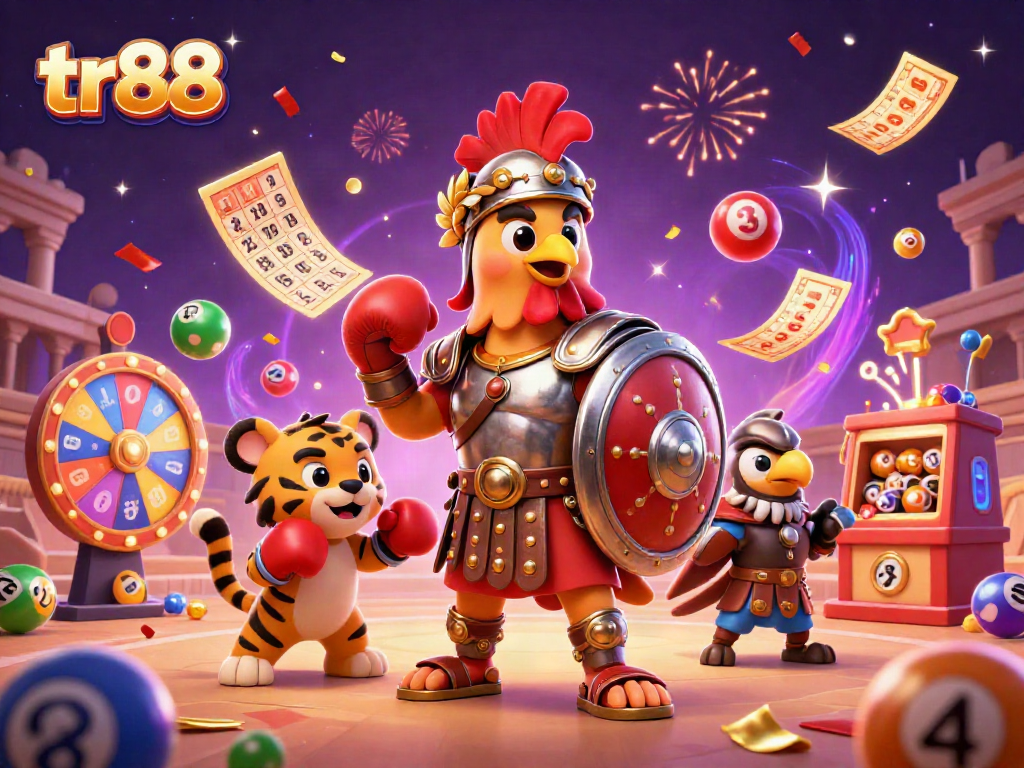 tr88 players engage with colorful lottery elements and festive confetti in a vibrant casino setting