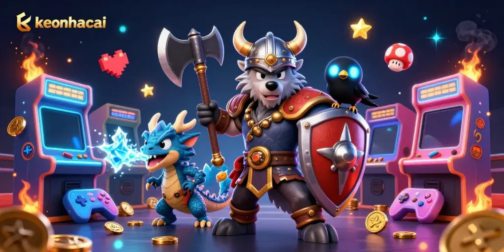 Engage with keonhacai in an electrifying scene featuring a Viking wolf warrior, a fierce dragon, and glowing gaming elements.