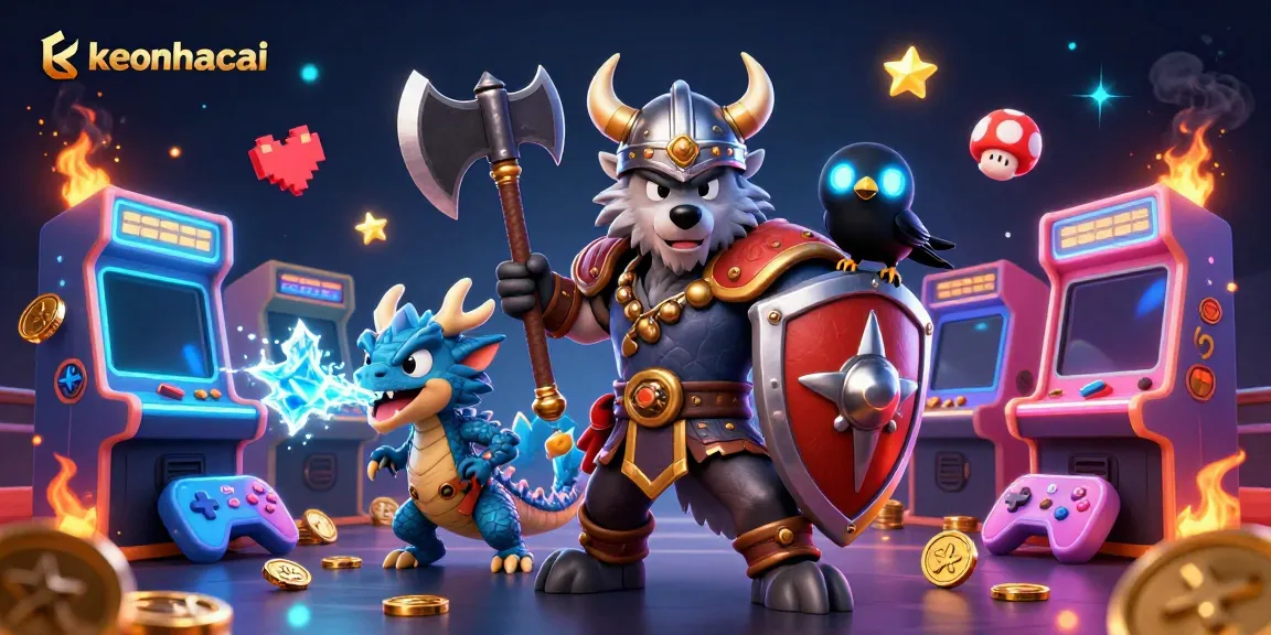 Engage with keonhacai in an electrifying scene featuring a Viking wolf warrior, a fierce dragon, and glowing gaming elements.