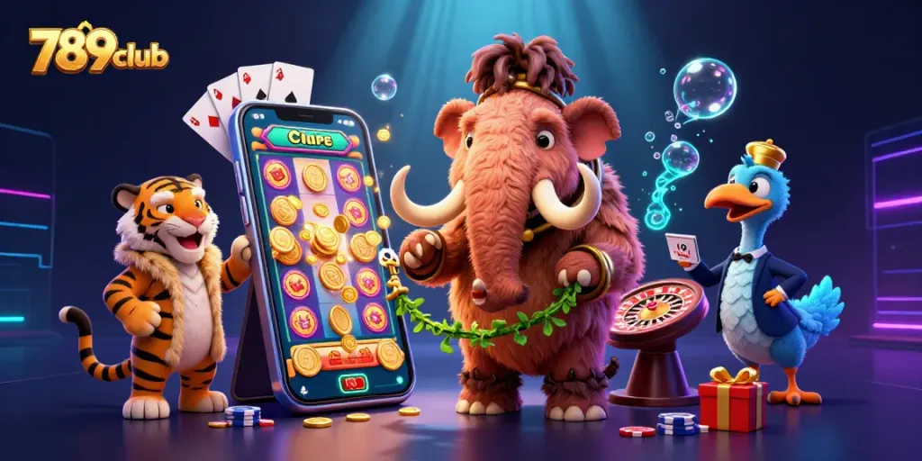 Engage in excitement at 789club with a cartoon-inspired casino scene featuring a mammoth bouncer and VIP guests.