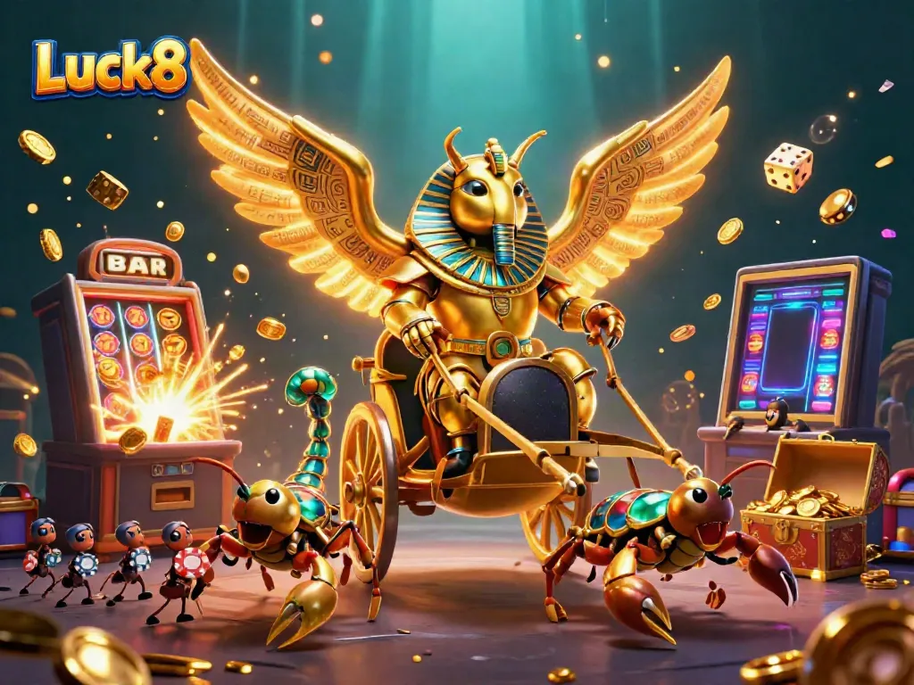 Experience Luck8 with a dynamic scene featuring a golden scarab beetle, jackpot, and colorful casino elements.