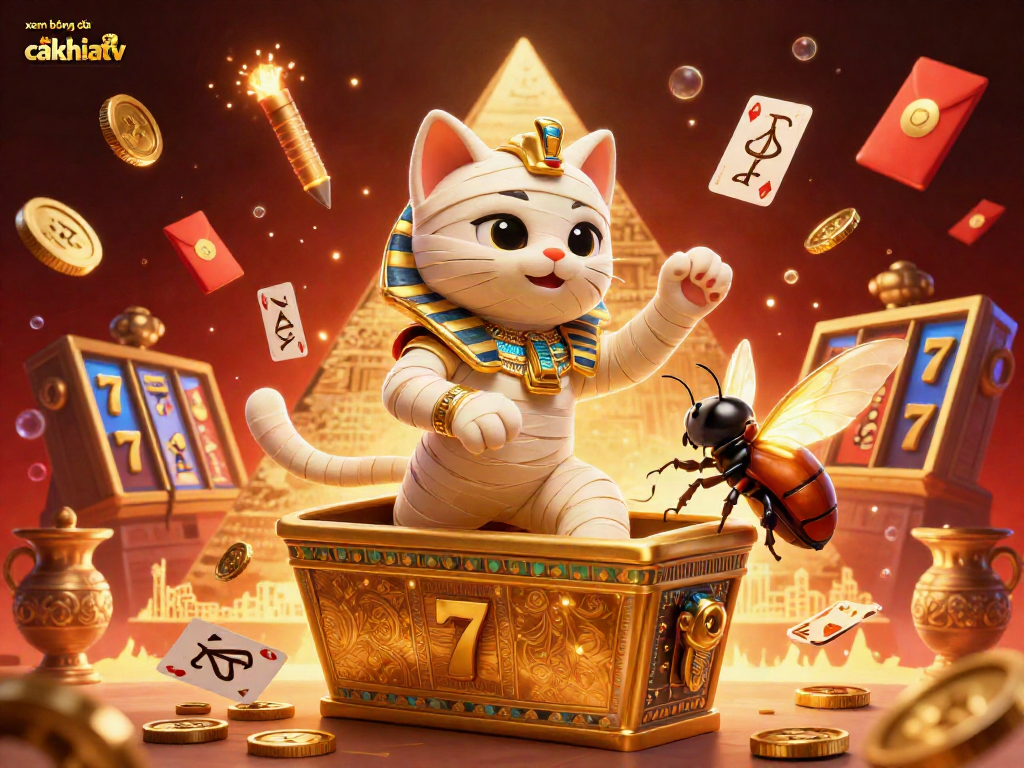 Experience xem bóng đá cakhiatv with an exciting mummy cat and vibrant casino elements in a dynamic 3D scene.