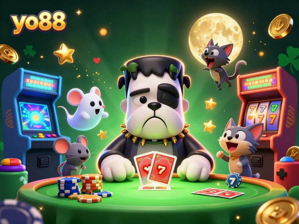 Engaging players at yo88 with a colorful 3D illustrative casino scene featuring a Frankenstein bulldog and lively gaming elements.