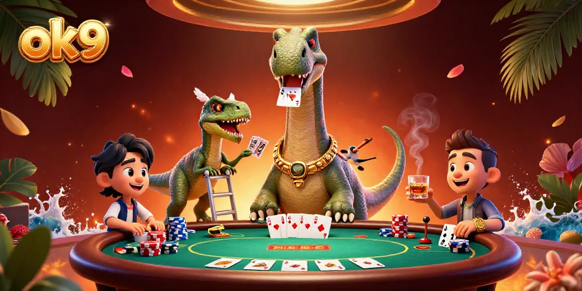 Experience thrilling poker action with the giant brontosaurus overseeing a dynamic game at ok9 casino.