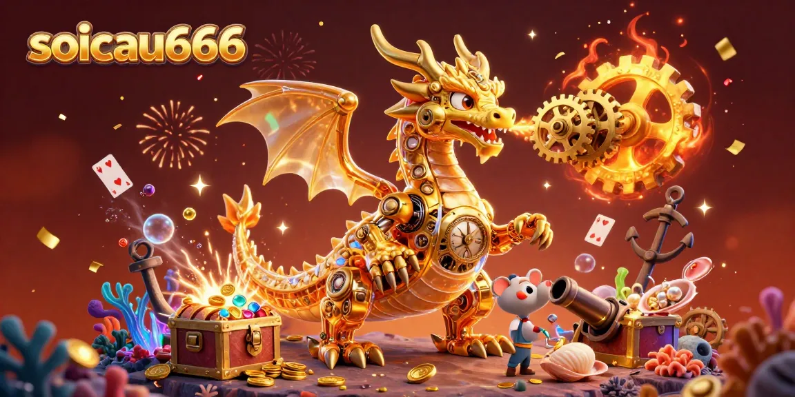Sparkling gameplay scene featuring soicau666 with a golden dragon interacting with treasure and bioluminescent coral.