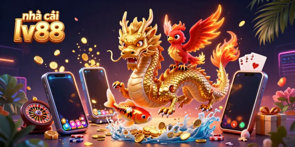 Experience the excitement at nhà cái lv88 with a vibrant 3D casino scene featuring a golden dragon and gaming elements.