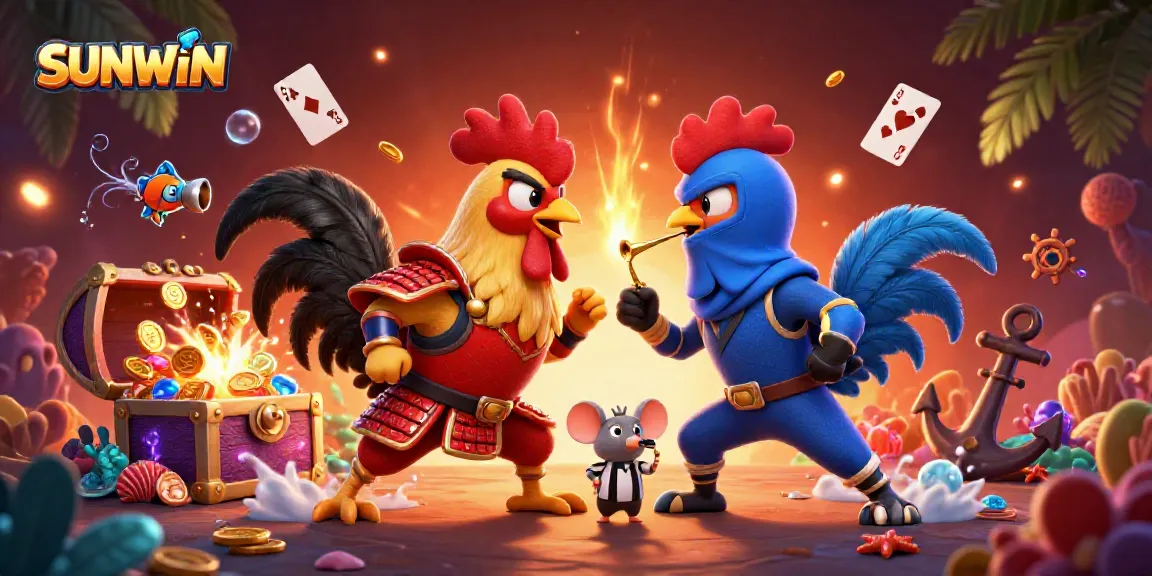 Experience the thrill of SUNWIN with battling roosters in an explosive casino scene.