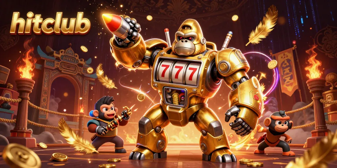 Experience hitclub's thrilling 3D casino world with a golden gorilla mech and vibrant game elements.