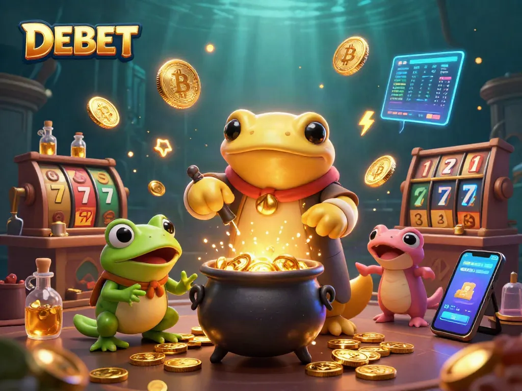 Experience the enchanting DEBET casino where alchemists transform metals into gold coins amid vibrant gaming elements.