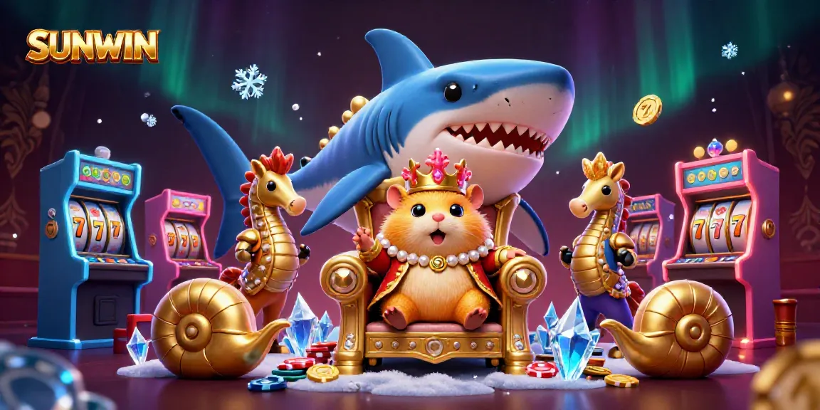 Experience SUNWIN with a royal hamster king in a vibrant casino scene filled with arcade games and slot elements.