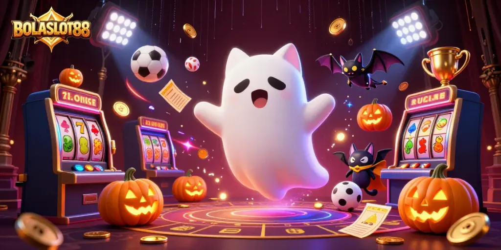 BOLASLOT88 offers an exciting visual of a friendly ghost cat in a haunted casino with slot games and sports balls.