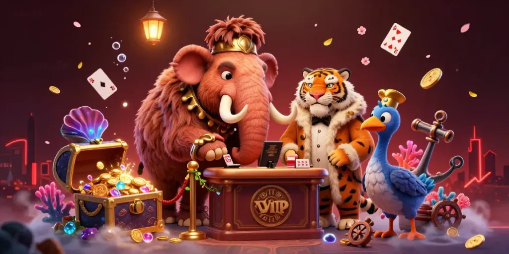 Toko56 offers a vibrant casino experience featuring a woolly mammoth bouncer and a saber-tooth tiger VIP in a dynamic scene.