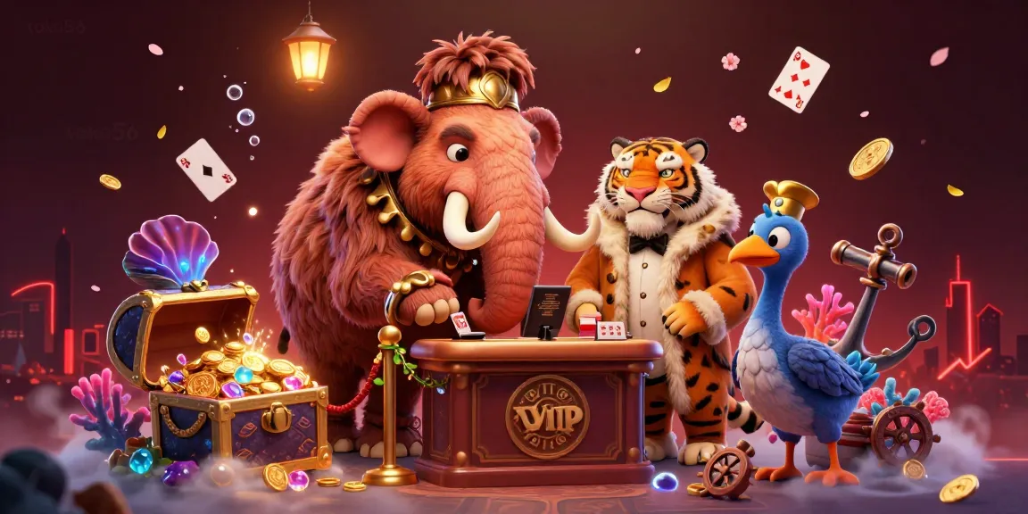 Toko56 offers a vibrant casino experience featuring a woolly mammoth bouncer and a saber-tooth tiger VIP in a dynamic scene.