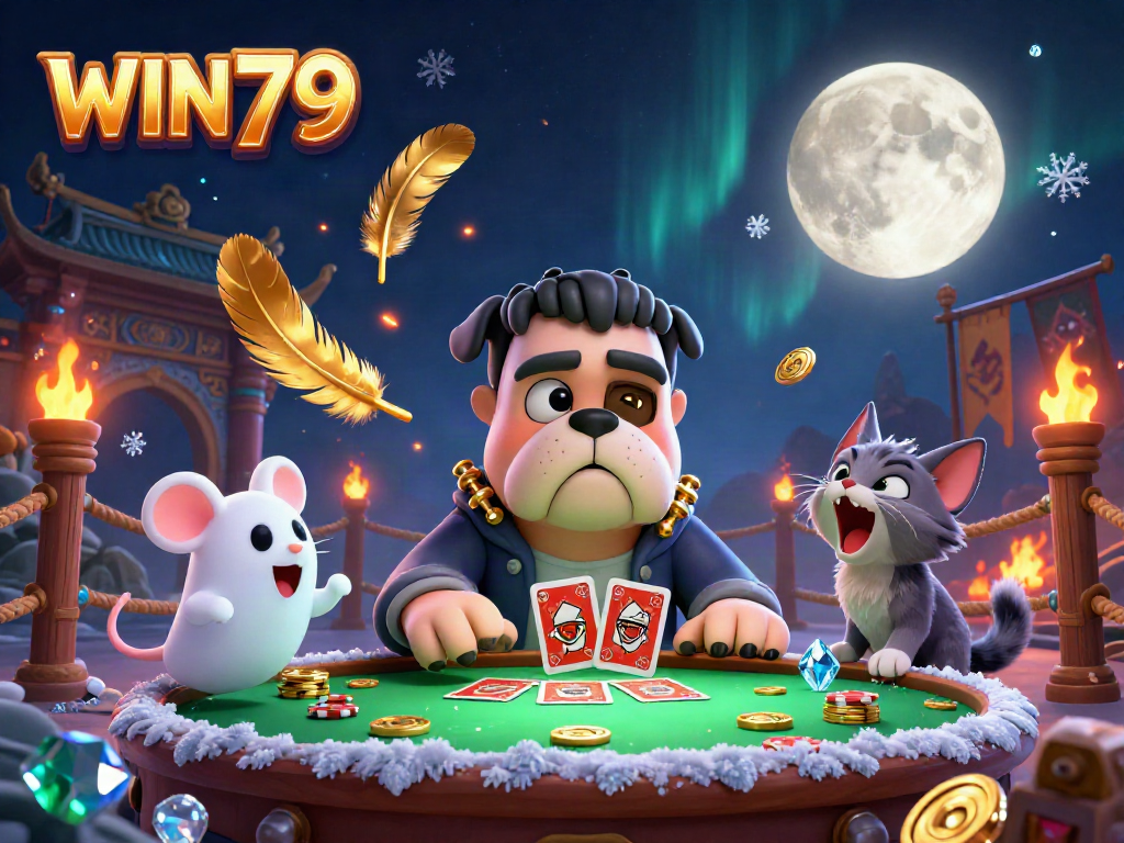 Win79's dynamic card game scene featuring a 3D cartoon bulldog and ghost mouse bringing excitement to the table.