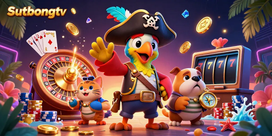 Sutbongtv showcases a lively pirate scene filled with exciting gambling elements, including casinos and a roulette wheel.