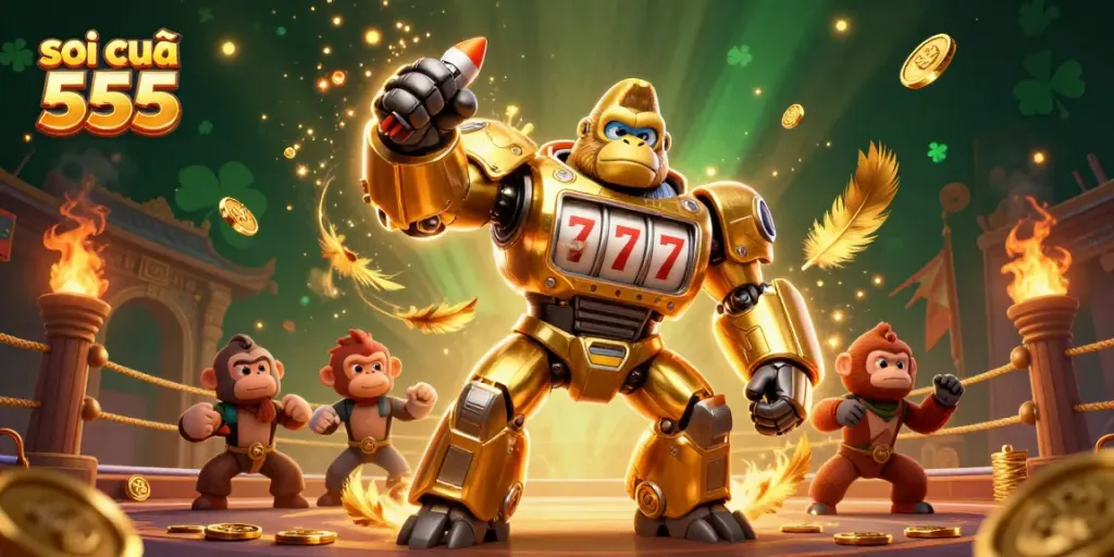 Engage in gaming action with soi cầu 555 as a golden gorilla mech launches coins into the air amidst a vibrant casino backdrop.