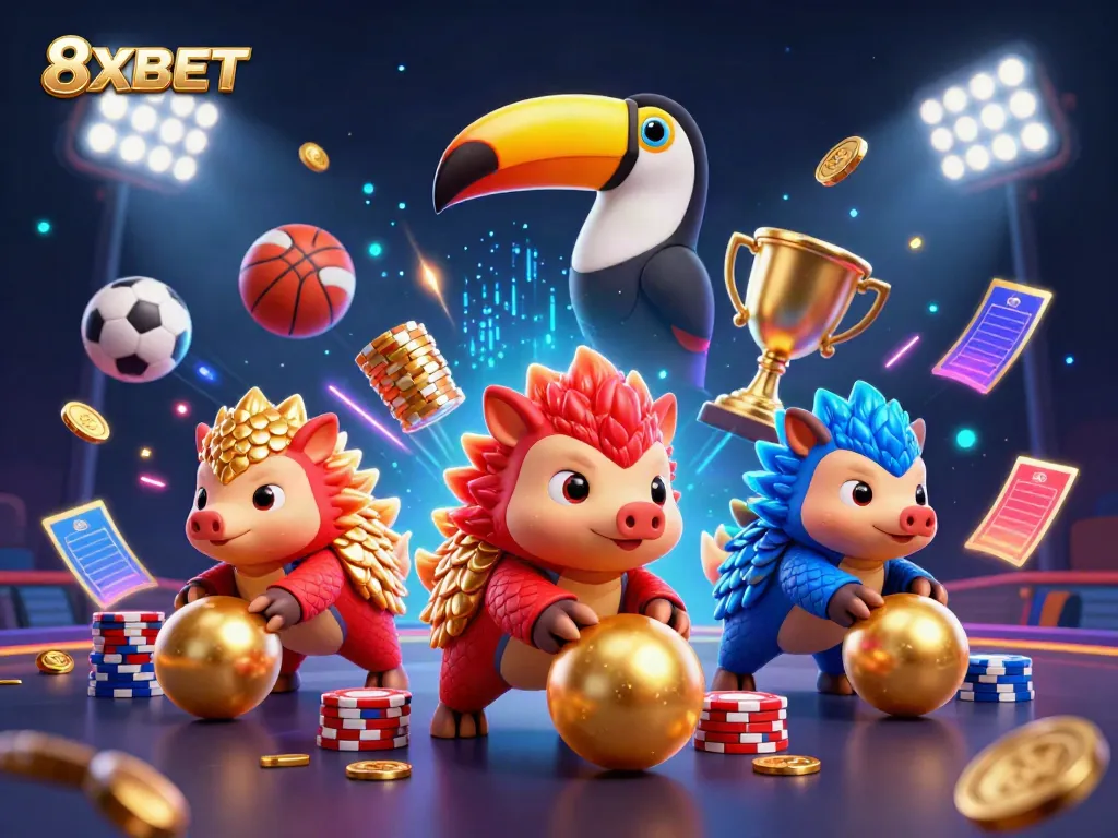 Experience thrilling 8XBET action with rival pangolins rolling for golden prizes in a vibrant casino scene.
