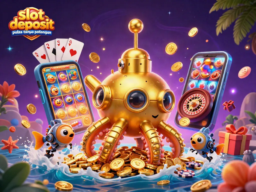 Engage with slot deposit pulsa tanpa potongan while enjoying vibrant 3D illustrations of a gold kraken submarine amidst casino elements.