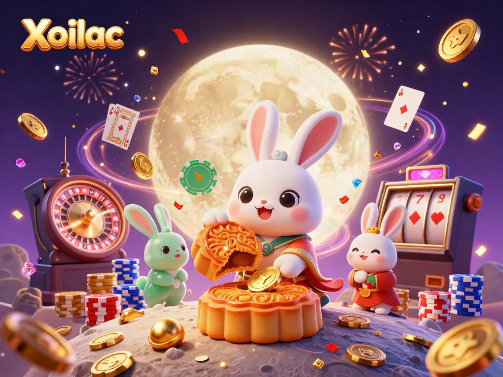 Xoilac offers an exciting visual fiesta with a moon rabbit character preparing golden mooncakes, revealing poker chips, amidst vibrant casino elements.