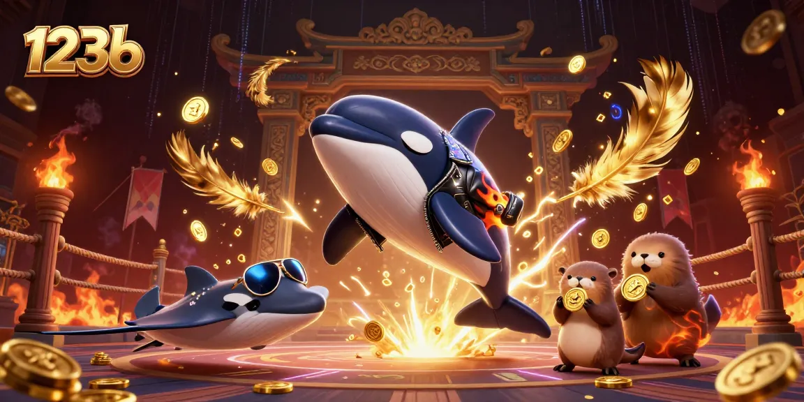 Engaging scene of 123b featuring an orca, stingray, and otters with coins, perfect for online casino excitement.
