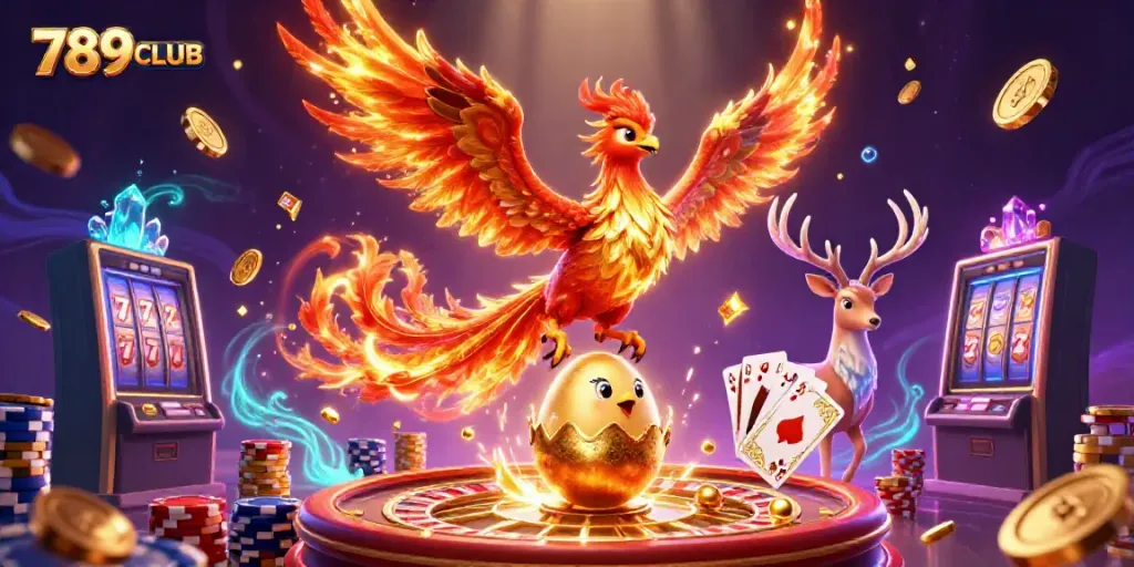 789CLUB showcases a vibrant 3D phoenix scene filled with casino elements and winning excitement.